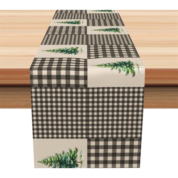 Aperturee Farmhouse Christmas Table Runner, Grey Plaid with Pine Trees, Rustic Woodland Holiday Table Decor