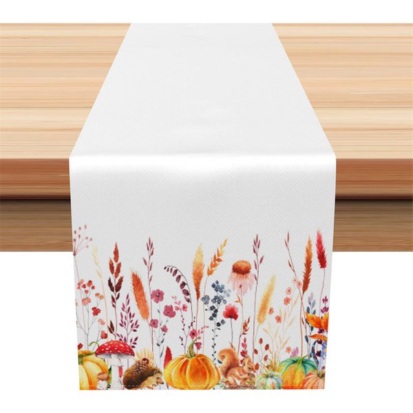 Aperturee Fall Table Runner, White Runner with Watercolor Pumpkins, Autumn Wildflowers Thanksgiving Table Decor