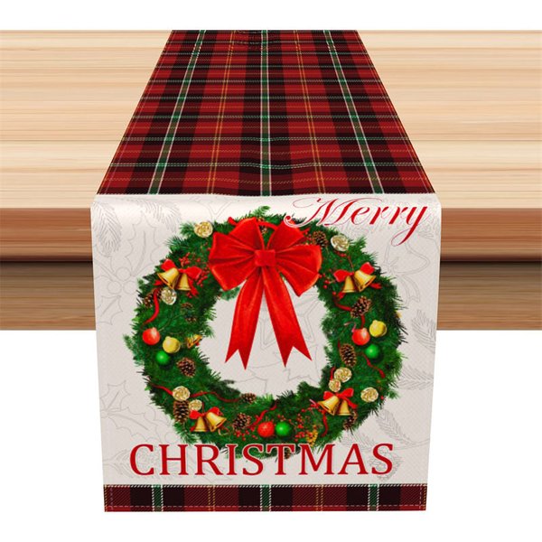 Aperturee Christmas Plaid Table Runner, Red Tartan with Wreath, Merry Christmas Farmhouse Holiday Table Decor