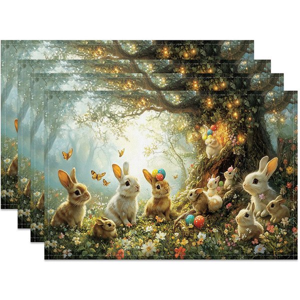 Aperturee Spring Easter Bunny Set of 4 Placemats, Rabbits in Green Forest, Enchanted Garden Holiday Table Mats