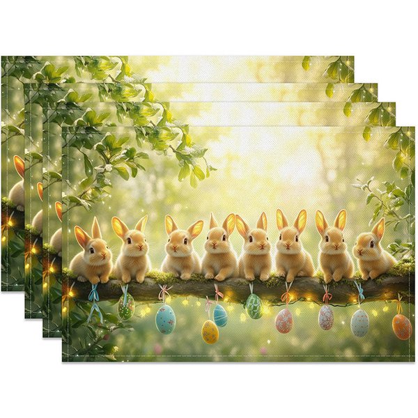 Aperturee Easter Rabbits on Branch Set of 4 Placemats, Hanging Eggs, Green Spring Holiday Table Mats Decor