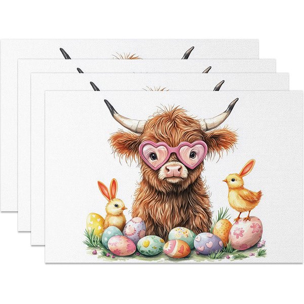 Aperturee Spring Easter Highland Cow Set of 4 Placemats Cute Chicks Colorful Eggs Table Mats Holiday Party Dining Room Decor
