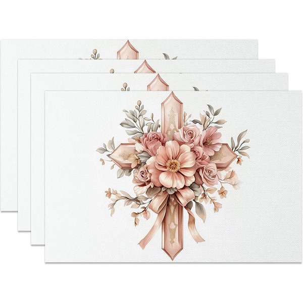 Aperturee Pink Floral Cross Set of 4 Placemats Elegant Rose Ribbon Holy Religious Table Mats Baptism First Communion Decor