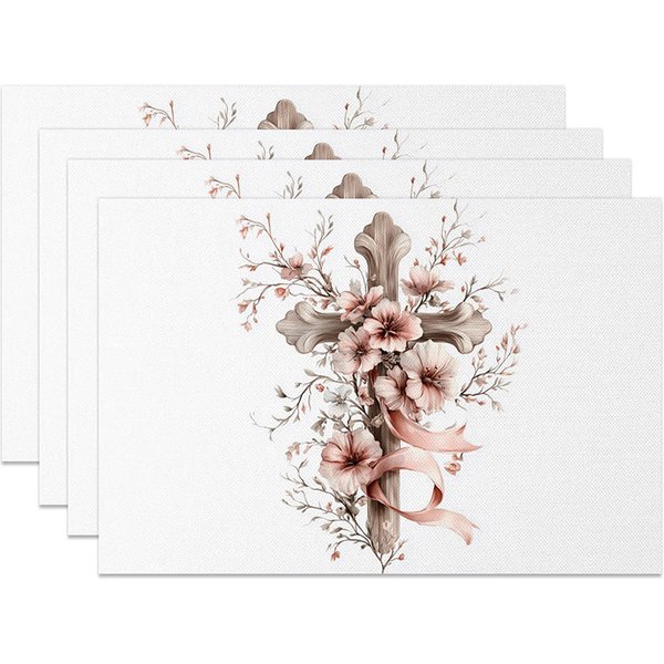 Aperturee Wooden Cross Pink Floral Set of 4 Placemats Elegant Flower Ribbon Religious Table Mats Baptism Confirmation Decor