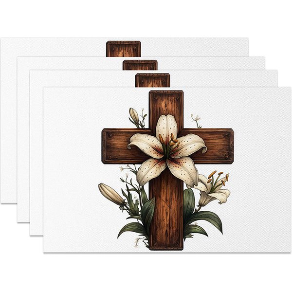Aperturee Wooden Cross Set of 4 Placemats, White Lily Flower, Religious Christian Holiday Table Mats