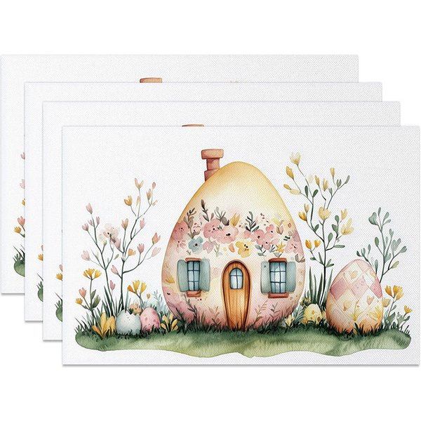 Aperturee Easter Egg House Set of 4 Placemats, Yellow Cottage with Flowers, Spring Holiday Table Mats Decor