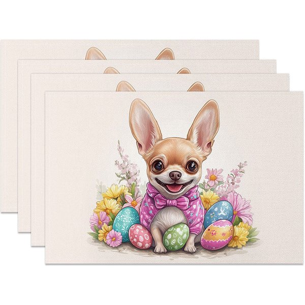 Aperturee Cute Chihuahua Easter Set of 4 Placemats, Dog with Spring Flowers, Pet Lover Holiday Table Mats