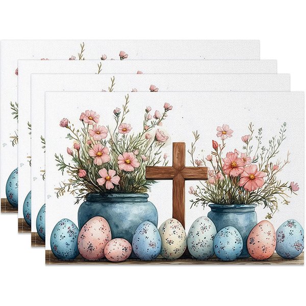 Aperturee Easter Cross Pink Flower Set of 4 Placemats Blue Pot Speckled Eggs Table Mats Spring Holiday Religious Decor