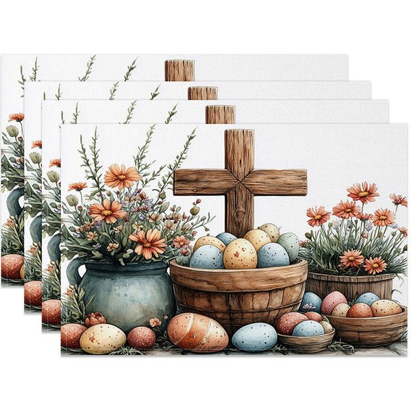 Aperturee Rustic Easter Cross Set of 4 Placemats Orange Daisy Flower Basket Eggs Table Mats Farmhouse Spring Dining Decor