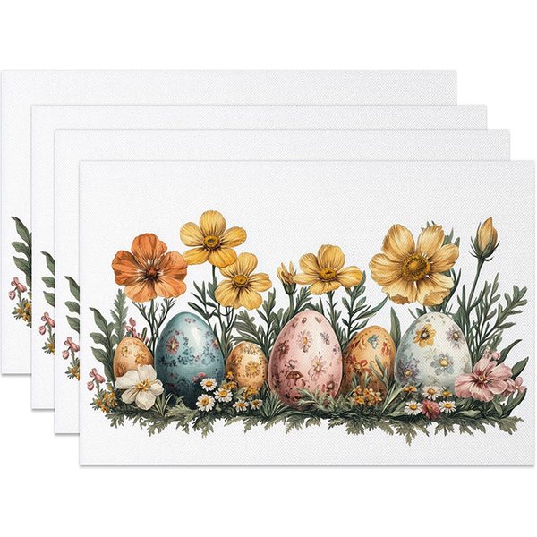 Aperturee Vintage Floral Easter Eggs Set of 4 Placemats Yellow Cosmos Flower Garden Table Mats Retro Spring Holiday Decoration