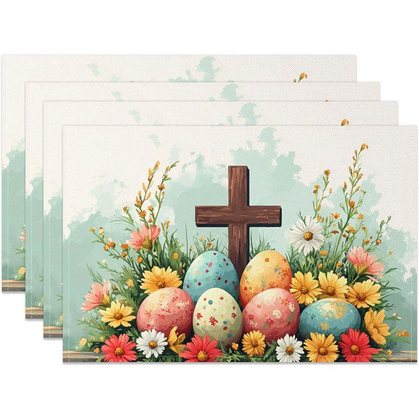 Aperturee Religious Cross Daisy Set of 4 Placemats Colorful Easter Eggs Flower Table Mats Church Event Holiday Decor