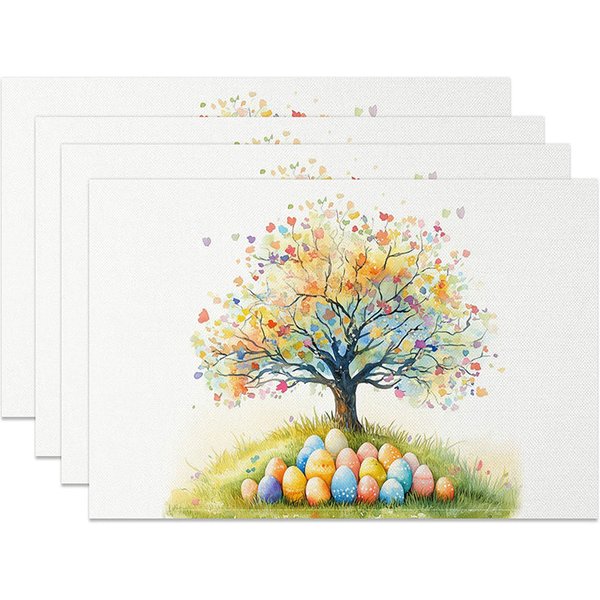 Aperturee Easter Colorful Tree Set of 4 Placemats Rainbow Eggs Heart Leaves Table Mats Spring Holiday Kitchen Decor
