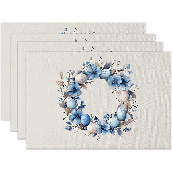 Aperturee Blue Floral Easter Egg Wreath Set of 4 Placemats Speckled Egg Spring Decoration Farmhouse Dining Table Mat Studio Prop