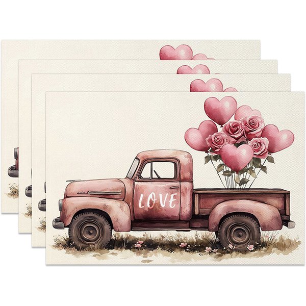 Aperturee Valentine Pink Truck Heart Balloon Set of 4 Placemats Romantic Rose Decoration Love Themed Dining Table Mat Studio Prop