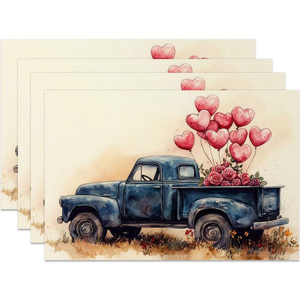 Aperturee Blue Truck Red Heart Balloon Set of 4 Placemats Valentine Rose Decoration Watercolor Romance Table Mat Professional Prop