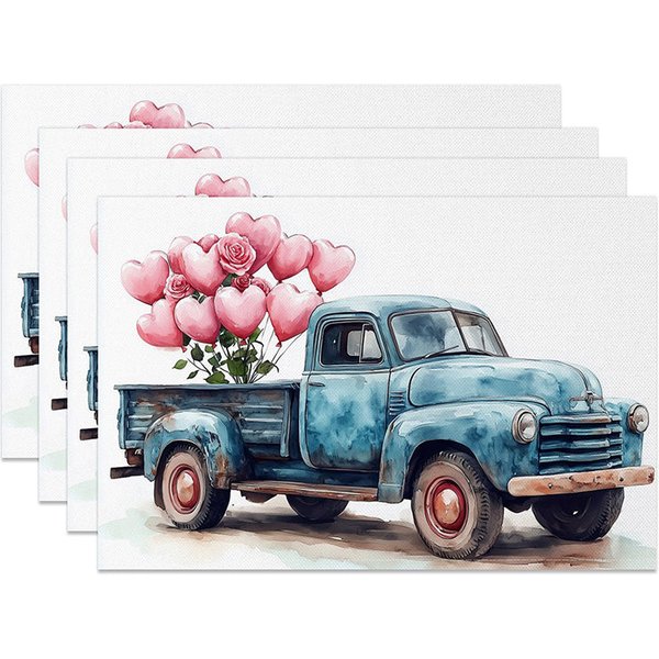 Aperturee Blue Truck Pink Heart Balloon Set of 4 Placemats Watercolor Rose Valentine Decoration Farmhouse Romance Table Mat Studio Prop