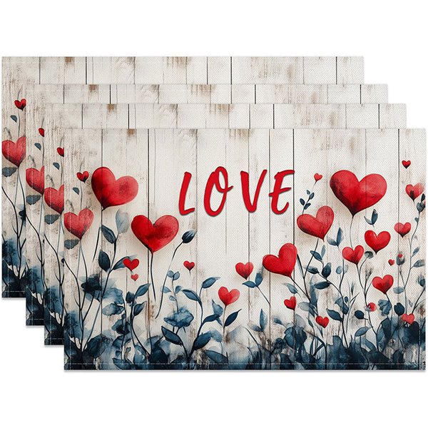 Aperturee Red Love Heart Wood Plank Set of 4 Placemats Romantic Valentine Text Decoration Rustic Art Dining Table Mat Studio Accessory