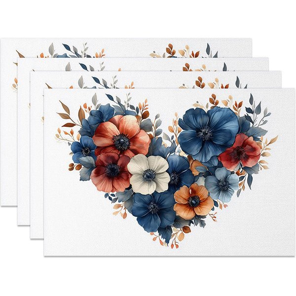 Aperturee Floral Heart Blue Red Set of 4 Placemats Watercolor Flower Valentine Decoration Elegant Love Dining Table Mat Studio Accessory