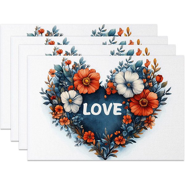 Aperturee Floral Heart Love Sign Set of 4 Placemats Blue Red Flower Valentine Decoration Romantic Text Dining Table Mat Studio Prop