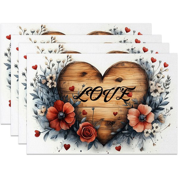 Aperturee Wooden Heart Love Sign Set of 4 Placemats Red Floral Valentine Decoration Rustic Farmhouse Dining Table Mat Studio Accessory