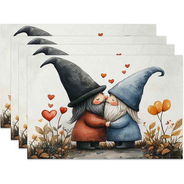 Aperturee Kissing Gnome Tall Hat Set of 4 Placemats Red Heart Valentine Decoration Whimsical Love Dining Table Mat Home Accessory