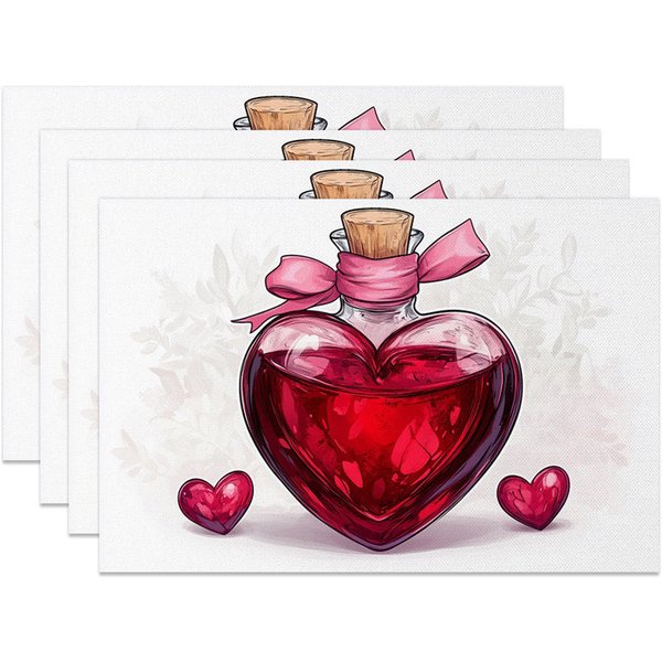 Aperturee Valentine Set of 4 Placemats Heart Shaped Glass Bottle, Red Love Liquid Ribbon Dining Decor, Romantic Still Life Prop
