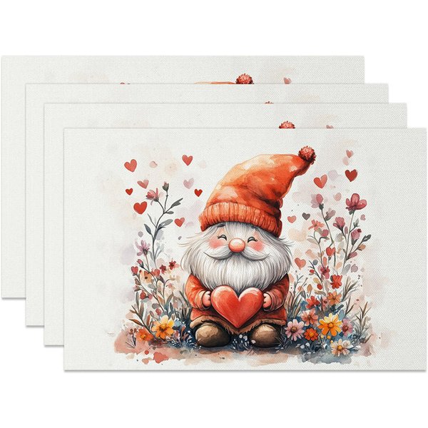 Aperturee Valentine Set of 4 Placemats Cute Gnome Orange Hat, Holding Red Heart Garden Love Theme Table Mats, Seasonal Photo Prop