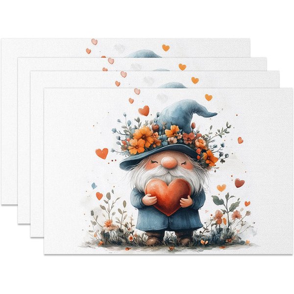 Aperturee Valentine Set of 4 Placemats Gnome Blue Hat with Flowers, Holding Heart Rustic Farmhouse Table Mats, Floral Styling Prop