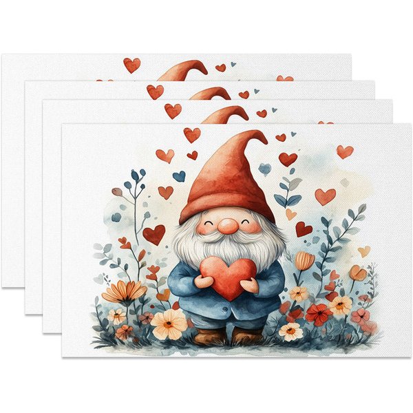 Aperturee Valentine Set of 4 Placemats Gnome Tall Orange Hat, Holding Heart Floral Love Theme Dining Table Mats, Whimsical Studio Background