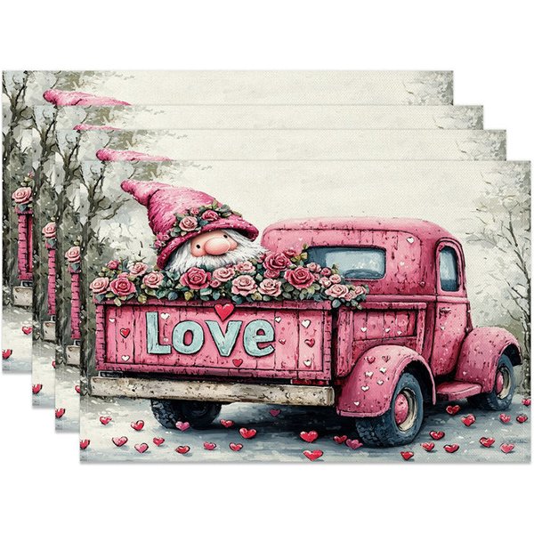 Aperturee Valentine Set of 4 Placemats Pink Truck with Roses, Gnome Love Tailgate Farmhouse Dining Table Mats, Retro Still Life Prop