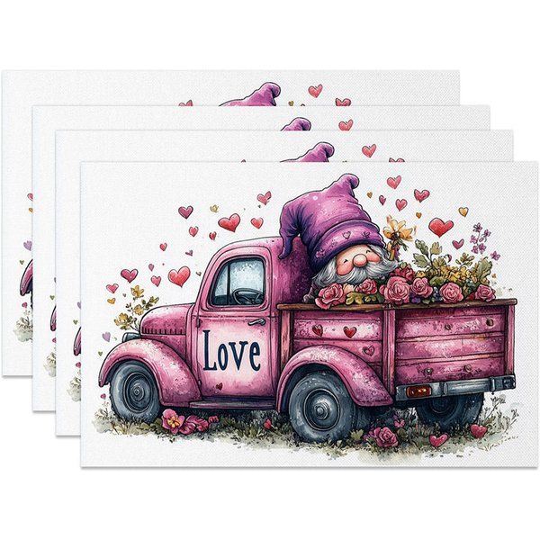 Aperturee Valentine Set of 4 Placemats Pink Truck Purple Gnome, Rustic Farmhouse Love Dining Table Mats, Whimsical Holiday Prop