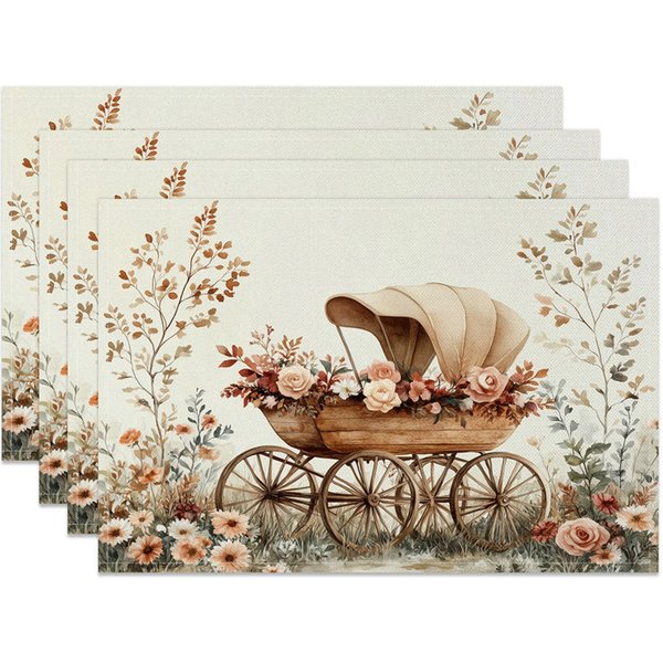 Aperturee Valentine Set of 4 Placemats Vintage Wooden Wagon Roses, Rustic Floral Cart Dining Table Mats, Retro Still Life Prop