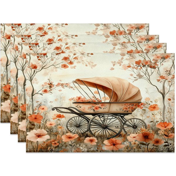 Aperturee Valentine Set of 4 Placemats Vintage Flower Carriage, Retro Baby Pram Floral Dining Table Mats, Nostalgic Event Prop
