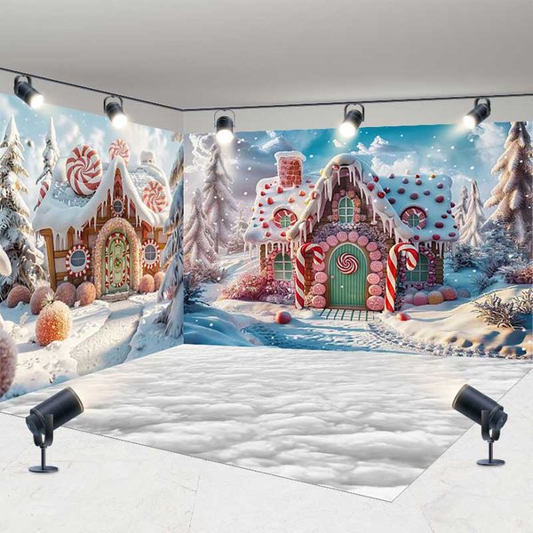 Aperturee Christmas Gingerbread House Room Set Backdrop, Winter Candyland with Snow Floor, Holiday Cake Smash Photos, 7 x 7 ft / 10 x 7 ft / 10 x 7 ft