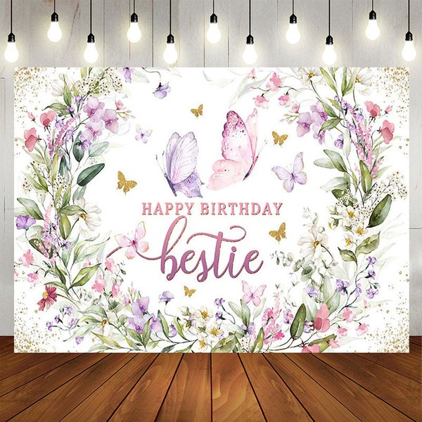 Aperturee Spring Floral Butterfly Happy Birthday Bestie Backdrop, 5X3FT(1.5X1M), 15.07 USD, birthday backdrops, LHF738A-E