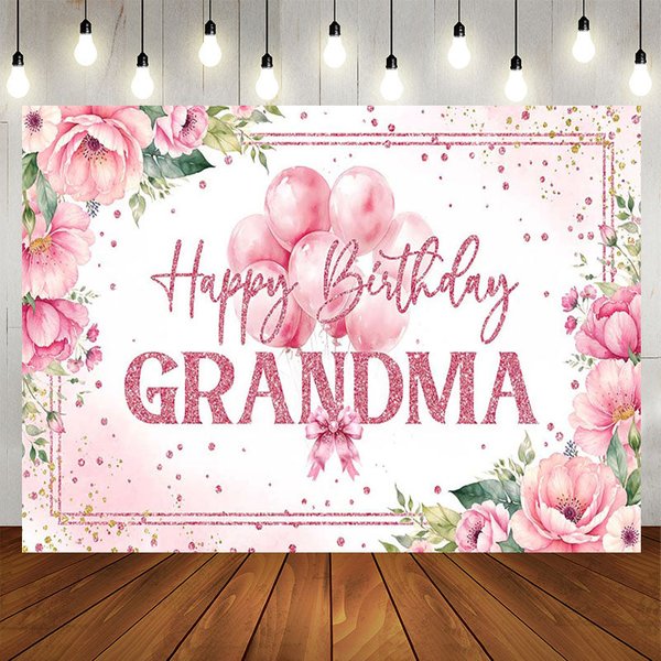 Aperturee Pink Floral Balloons Grandma Happy Birthday Backdrop, 5X3FT(1.5X1M), 15.07 USD, birthday backdrops, LHF741A-E