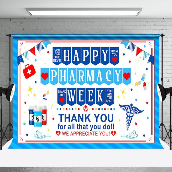 Aperturee Blue Sacred Happy Pharmacy Week Appreciate Backdrop, 3X2FT(1MX0.6M), 14 USD, commemorative backdrops, LHF758A-M