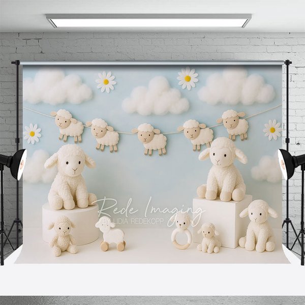 Aperturee Daisy Cloudy Floral Sheep Sweet Cake Smash Backdrop, 3X2FT(1MX0.6M), 14 USD, birthday cake smash backdrops, LRHD1L04-M
