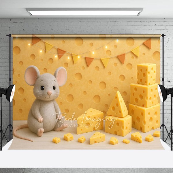 Aperturee Mouse Cheese Cartoon Flag Light Cake Smash Backdrop, 3X2FT(1MX0.6M), 14 USD, birthday cake smash backdrops, LRHD1L10-M