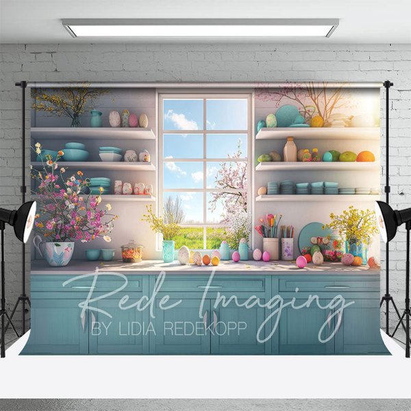 Aperturee Spring Vibe Moody Teal Easter Kitchen Photo Backdrop, 3X2FT(1MX0.6M), 14 USD, easter backdrops, LRHD2K74-M