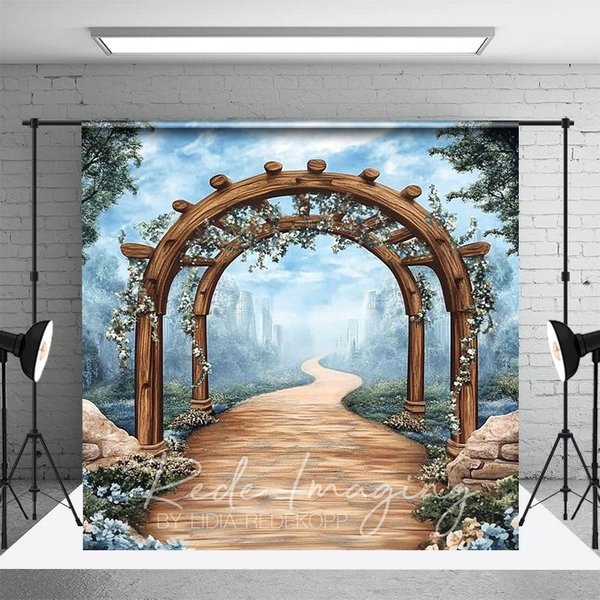 Aperturee Blue Sky Mountain Spring Floral Arch Photo Backdrop, 3X2FT(1MX0.6M), 14 USD, spring backdrops, LRHD2K90-M