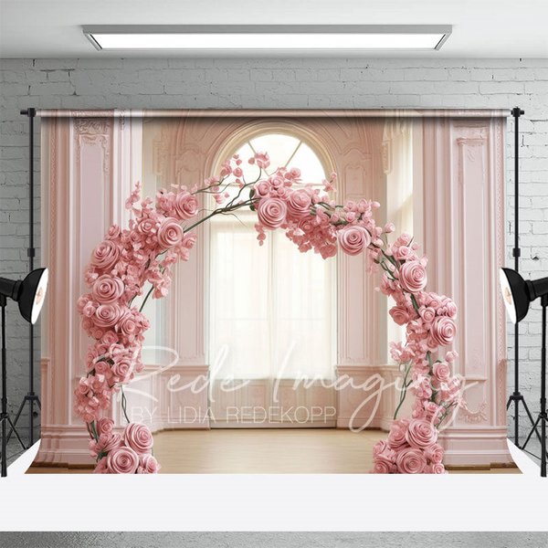 Aperturee Pink Rose Arch Romantic Palace Wedding Photo Backdrop, 3X2FT(1MX0.6M), 14 USD, wedding backdrops, LRHD3K95-M