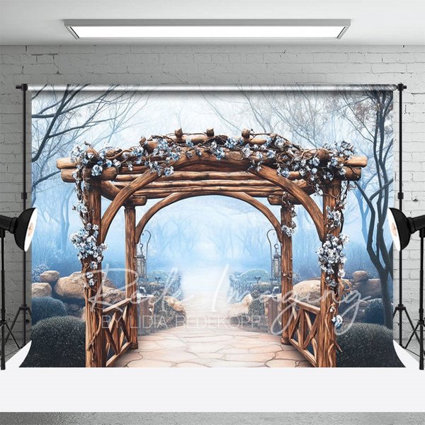Aperturee Spring Flowers Wood Arch Pavilion Forest Backdrop, 3X2FT(1MX0.6M), 14 USD, wedding backdrops, LRHD4K01-M