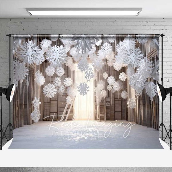 Aperturee Cozy Winter Room Backdrop, Hanging Snowflakes Wooden Shelves Ladder Warm Light Photo Background, Studio Depth