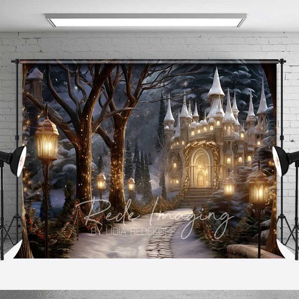 Aperturee Winter Fantasy Castle Backdrop, Snowy Path Street Lamps Magical Palace Night Scenery Photo Background, Cosplay Prop