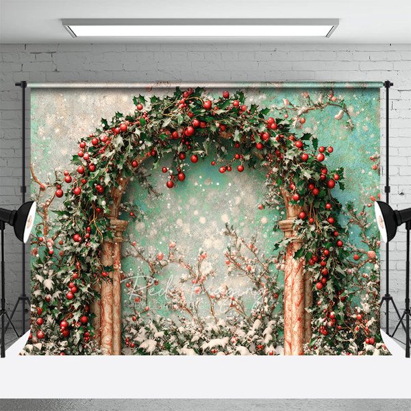 Aperturee Holly Berry Arch Backdrop Teal Wall Green Leaves Photography Background Winter Christmas Floral Holiday Party Decoration