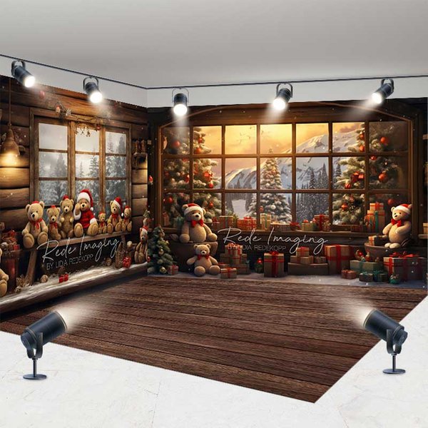 Aperturee Christmas Teddy Bear Window Room Set Backdrop, 3-Wall Cabin Interior Studio Background