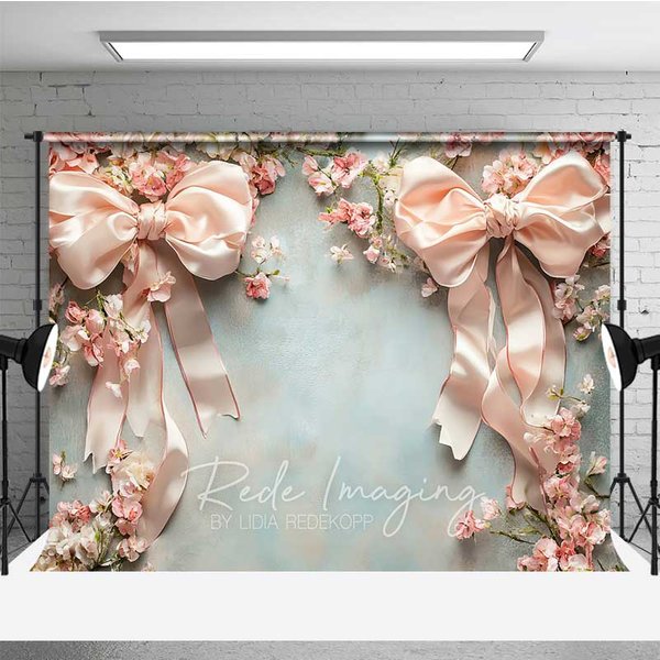 Aperturee Elegant Pink Bow Flower Frame Photography Backdrop, Floral Border Studio Photography Prop
