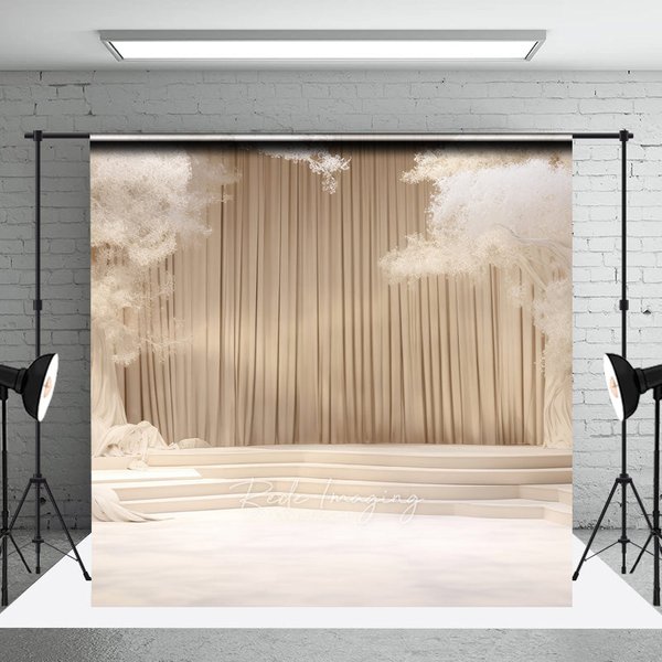 Aperturee Elegant Cream Stage Photography Backdrop, Dreamy Wedding or Recital Scenery with White Trees and Curtains