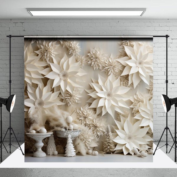 Aperturee 3D White Paper Flowers Photography Backdrop, Winter Wedding or Bridal Shower, Elegant Poinsettia Wall Decor,